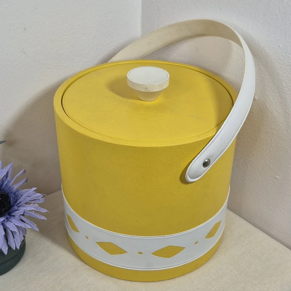 Vintage MCM Vinyl Ice Bucket Yellow with White Diamond Cutouts